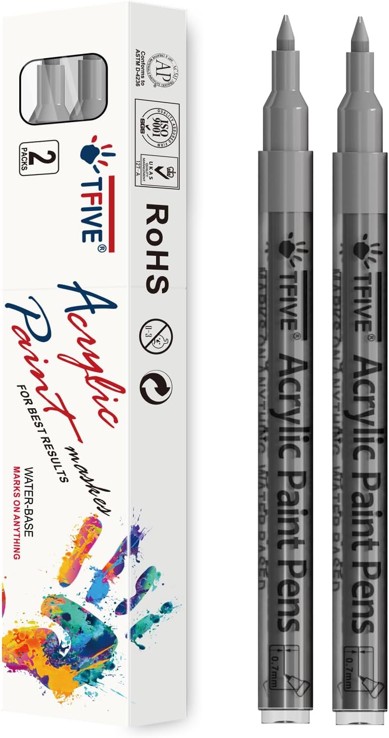 TFIVE Silver Paint Marker Pens - 2 Pack Acrylic Permanent Marker, 0.7mm Extra Fine Tip for Art Projects, Drawing, Rock Painting, Ceramic, Glass, Wood, Plastic, Metal, Canvas DIY Crafts - Image 1
